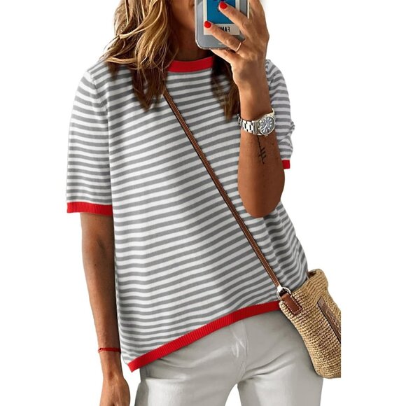 Dokotoo Womens Summer Tops Casual Crewneck Short Sleeve Striped Color Block - Picture 1 of 6
